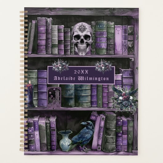 Gothic Purple Bookshelf Skull Personalized プランナー手帳 (正面)