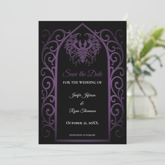 Gothic purple border wedding save the dat 案内状 (スタンド正面)