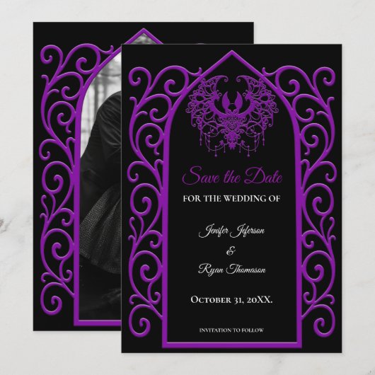 Gothic purple border wedding save the dat 案内状 (正面/裏面)