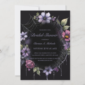 Gothic Purple Floral Spider Web Bridal Shower 招待状