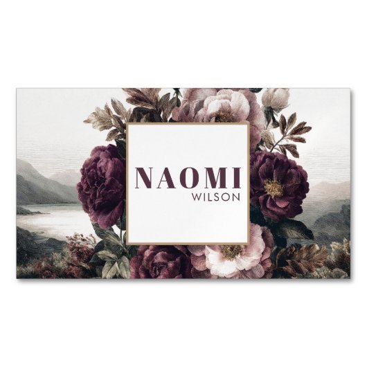 Gothic Purple Peony Lake Landscape Gold Frame マグネット名刺 (正面)