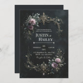 Gothic Purple Rose Gold Filigree Wedding 招待状 (正面/裏面)