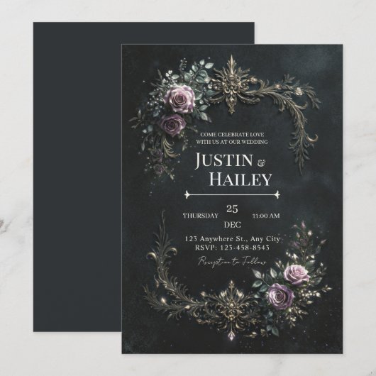 Gothic Purple Rose Gold Filigree Wedding 招待状 (正面/裏面)