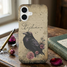 Gothic Raven and Vintage Floral Script iPhone 16ケース