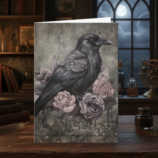 Gothic Raven Pink Floral Dark Academia カード