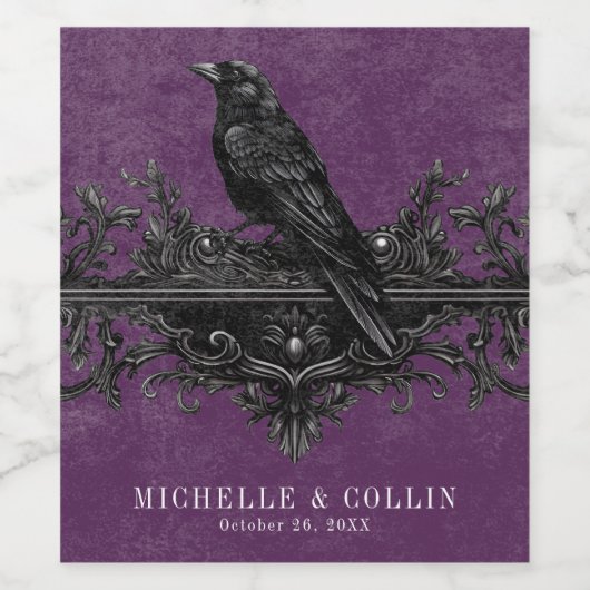 Gothic Raven Purple Darkly Ever After Wedding ワインラベル (シングルラベル)