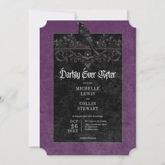 Gothic Raven Purple Darkly Ever After Wedding 招待状 (正面)