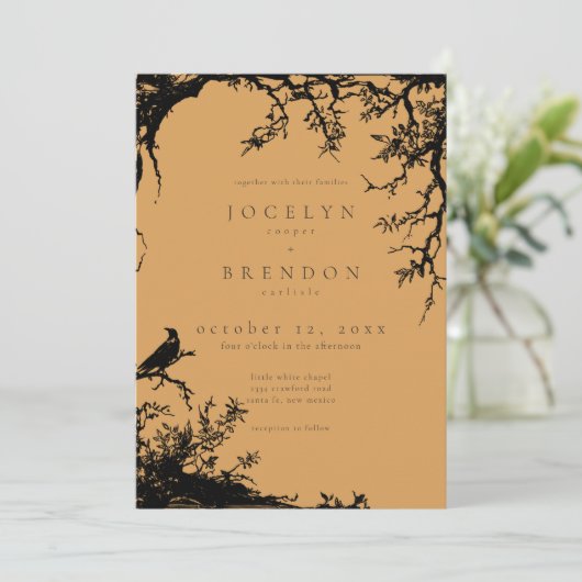 Gothic Raven Tree Engraving Black Orange Wedding 招待状 (スタンド正面)