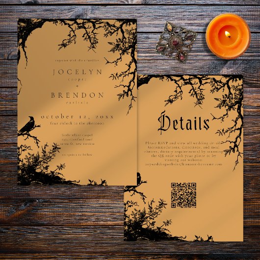 Gothic Raven Tree Engraving Black Orange Wedding 招待状