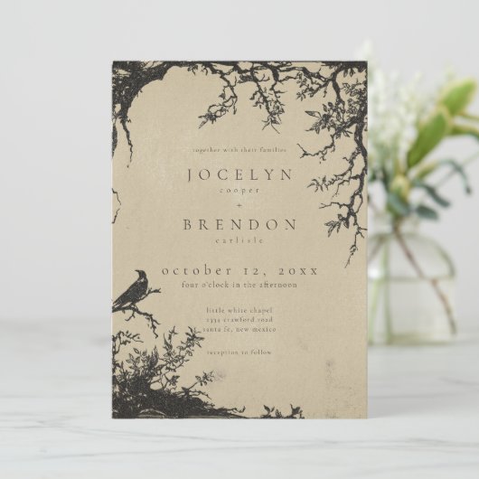 Gothic Raven Tree Engraving Black Tan Wedding 招待状 (スタンド正面)