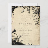 Gothic Raven Tree Engraving Parchment Tan Wedding 招待状 (正面)