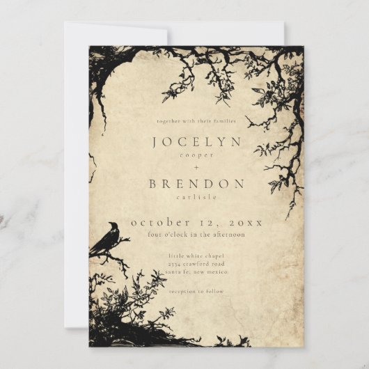 Gothic Raven Tree Engraving Parchment Tan Wedding 招待状 (正面)