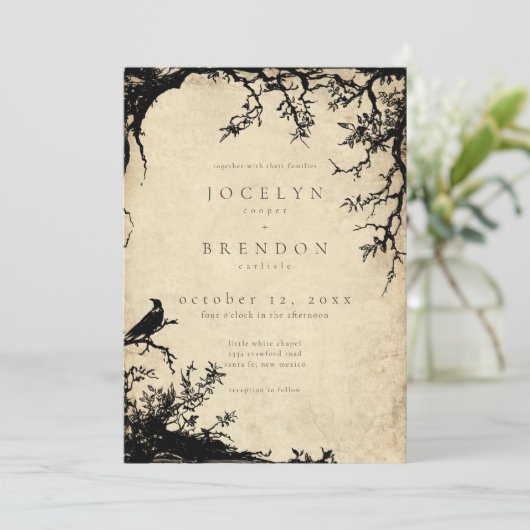 Gothic Raven Tree Engraving Parchment Tan Wedding 招待状 (スタンド正面)