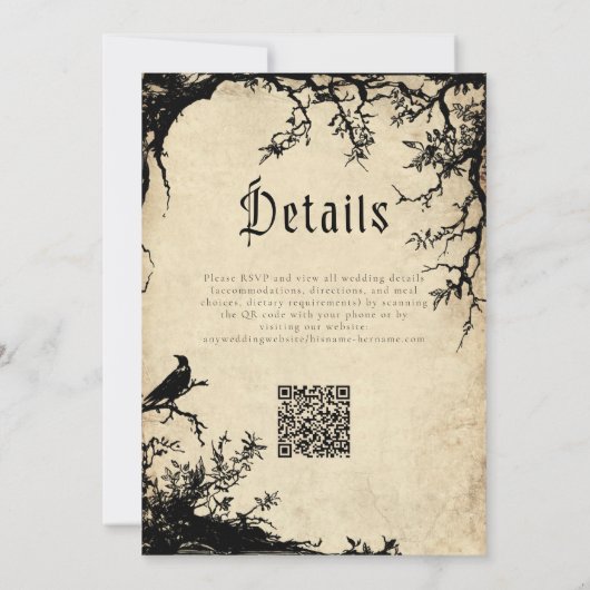 Gothic Raven Tree Engraving Parchment Tan Wedding 招待状 (裏面)
