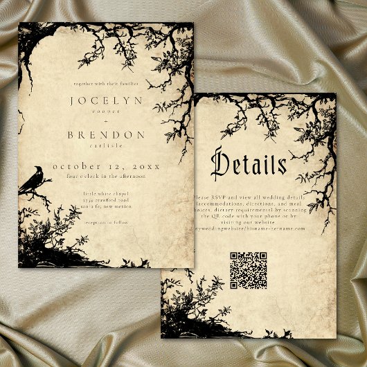 Gothic Raven Tree Engraving Parchment Tan Wedding 招待状
