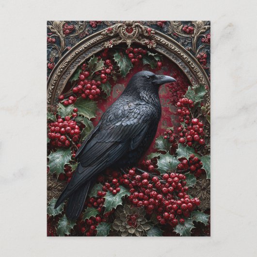 Gothic Raven with Holly and Berries ポストカード (正面)