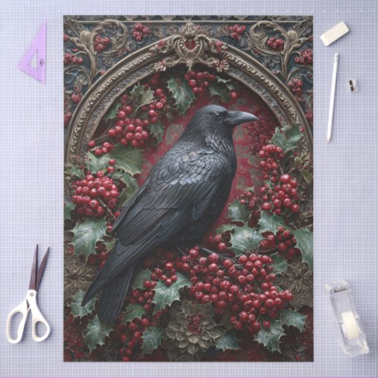 Gothic Raven with Holly and Berries 薄葉紙 (クラフト)