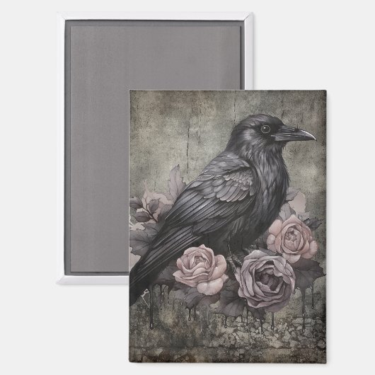 Gothic Raven with Roses Dark マグネット (正面/裏面)