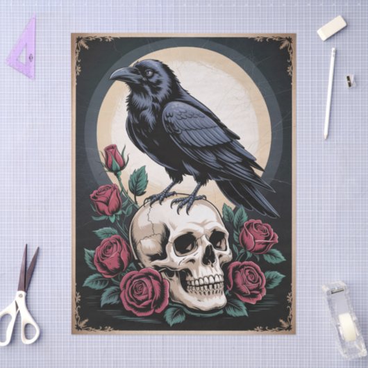 Gothic Raven with Skull and Roses Decoupage 薄葉紙 (クラフト)