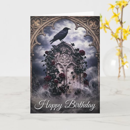 Gothic Ravens & Roses Tombstone Birthday Card カード (黄色い花)