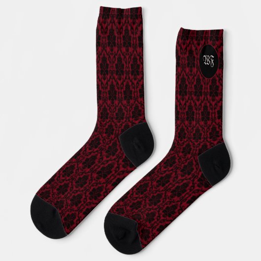 Gothic Red Black Damask Monogram ソックス (左)