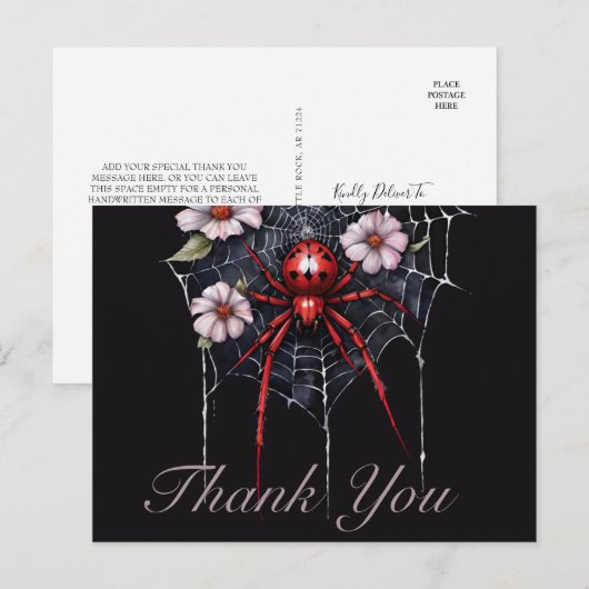 Gothic Red & Black Floral Spiderweb Thank You ポストカード (正面/裏面)