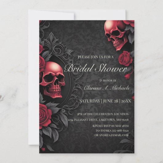 Gothic Red & Black Skull & Rose Bridal Shower 招待状 (正面)