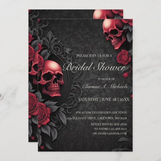 Gothic Red & Black Skull & Rose Bridal Shower 招待状 (正面/裏面)