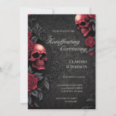 Gothic Red & Black Skull & Rose Damask Handfasting 招待状 (正面)