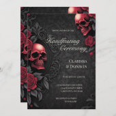 Gothic Red & Black Skull & Rose Damask Handfasting 招待状 (正面/裏面)