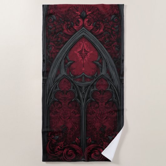 Gothic Red Cathedral Window – Dark Ornamental Art ビーチタオル (正面)