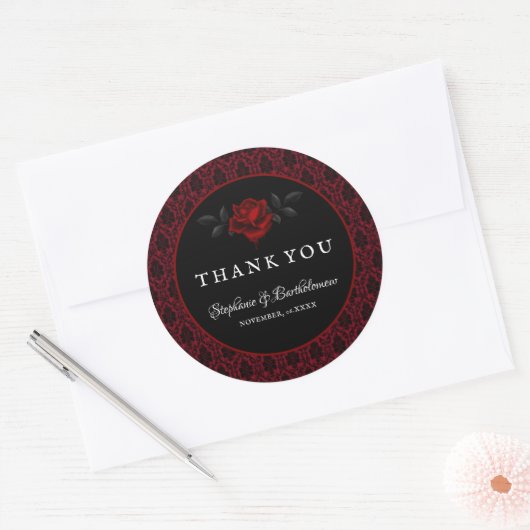 Gothic Red Damask Rose Wedding ラウンドシール (封筒)
