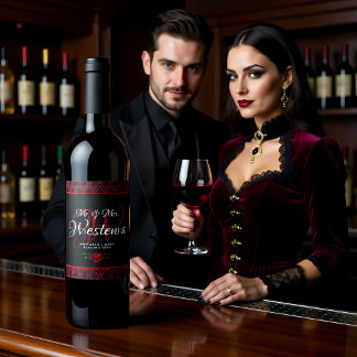 Gothic Red Damask Rose Wedding ワインラベル