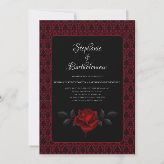 Gothic Red Damask Rose Wedding 招待状 (正面)