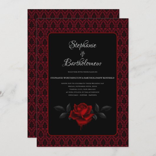 Gothic Red Damask Rose Wedding 招待状 (正面/裏面)