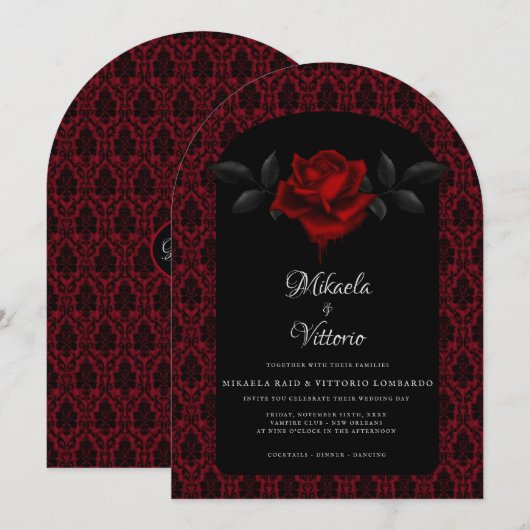 Gothic Red Damask Rose Wedding 招待状 (正面/裏面)