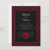 Gothic Red Damask Rose Wedding 招待状 (正面)