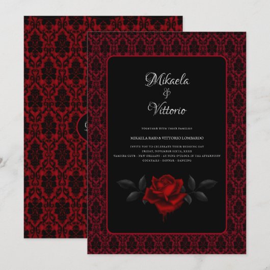 Gothic Red Damask Rose Wedding 招待状 (正面/裏面)