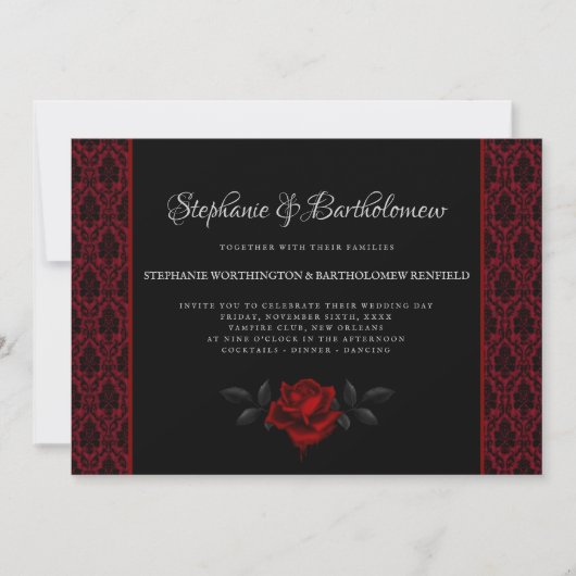 Gothic Red Damask Rose Wedding Invitation 招待状 (正面)