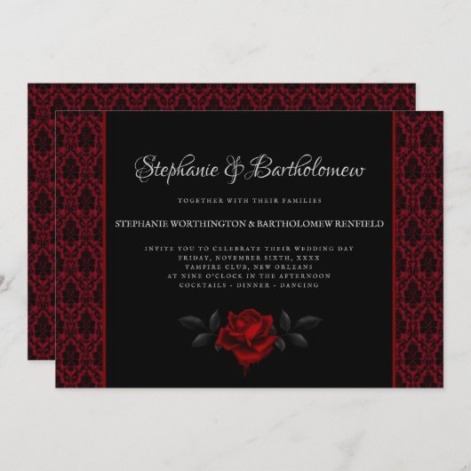 Gothic Red Damask Rose Wedding Invitation 招待状 (正面/裏面)