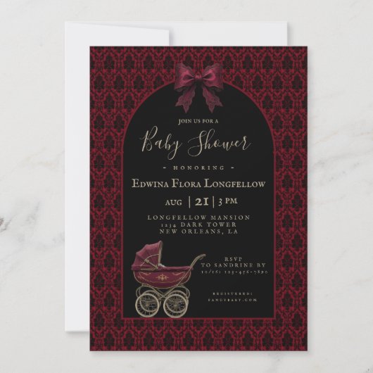 Gothic Red Damask Victorian Pram Baby Shower 招待状 (正面)