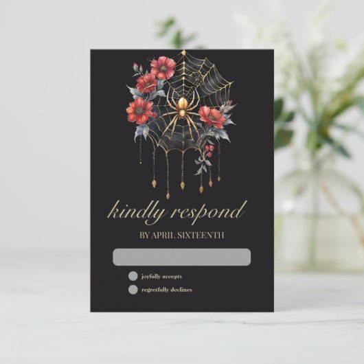 Gothic Red & Gold Floral Spider Web Handfasting 出欠カード (スタンド正面)