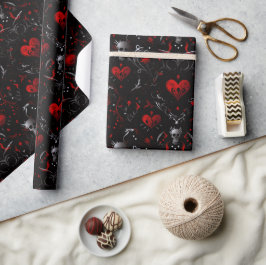 Gothic Red Hearts and Gray Skulls ラッピングペーパー