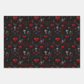 Gothic Red Hearts Black Flowers and Gray Skulls ラッピングペーパーシート (正面3)