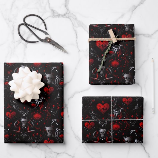 Gothic Red Hearts Black Flowers and Gray Skulls ラッピングペーパーシート (正面)