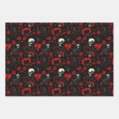 Gothic Red Hearts Black Flowers and Skulls ラッピングペーパーシート (正面2)