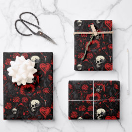 Gothic Red Hearts Black Flowers and Skulls ラッピングペーパーシート