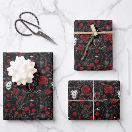 Gothic Red Roses and Skulls ラッピングペーパーシート