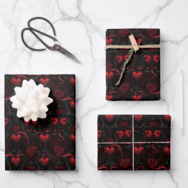 Gothic Red Roses Red Hearts and Black Flowers ラッピングペーパーシート