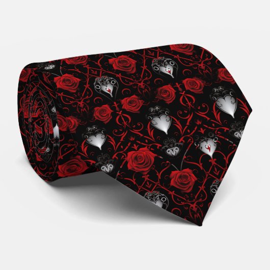 Gothic Red Roses Silver Hearts  ネクタイ (ロール)